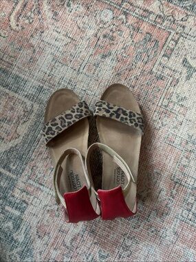 Naot Leopard Print Sandals with Red and gold ankle straps